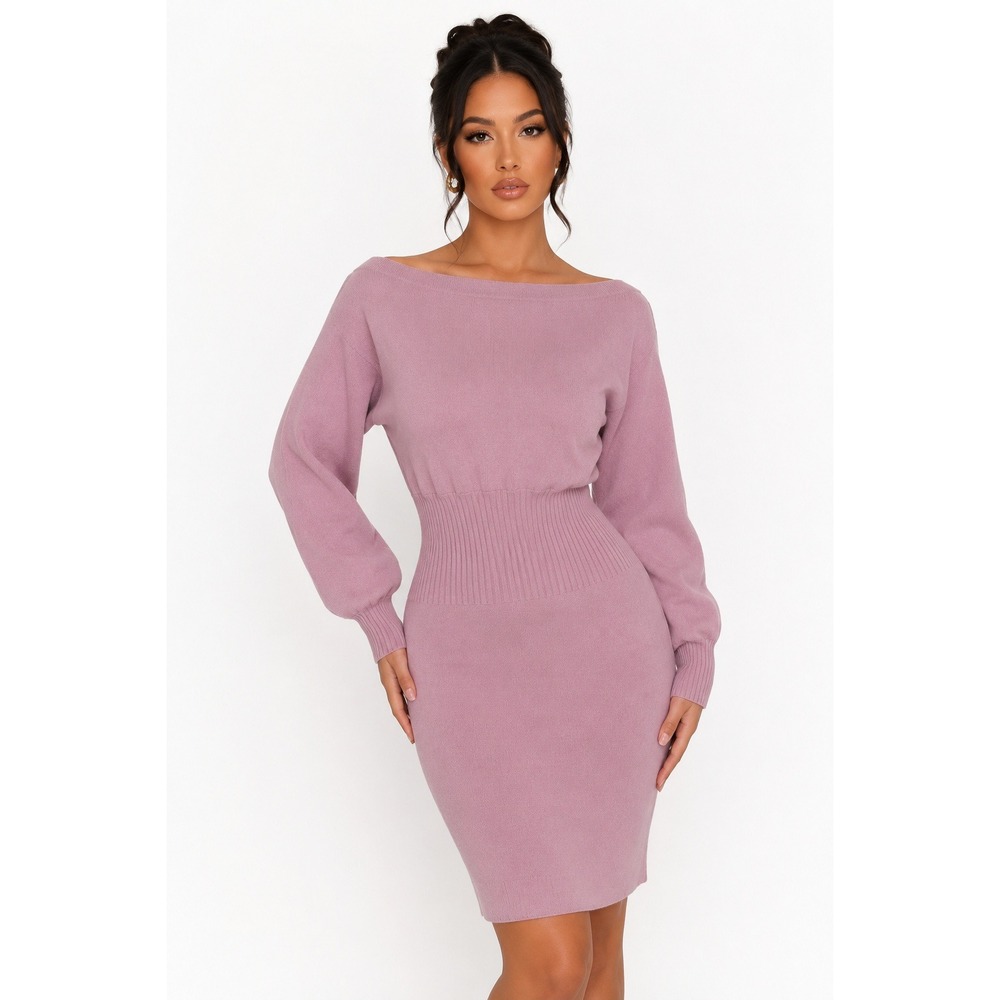 Idem Ditto Pink Knit Sweater Dress Boat Neck Balloon Sleeve Ribbed Waist Small‎
